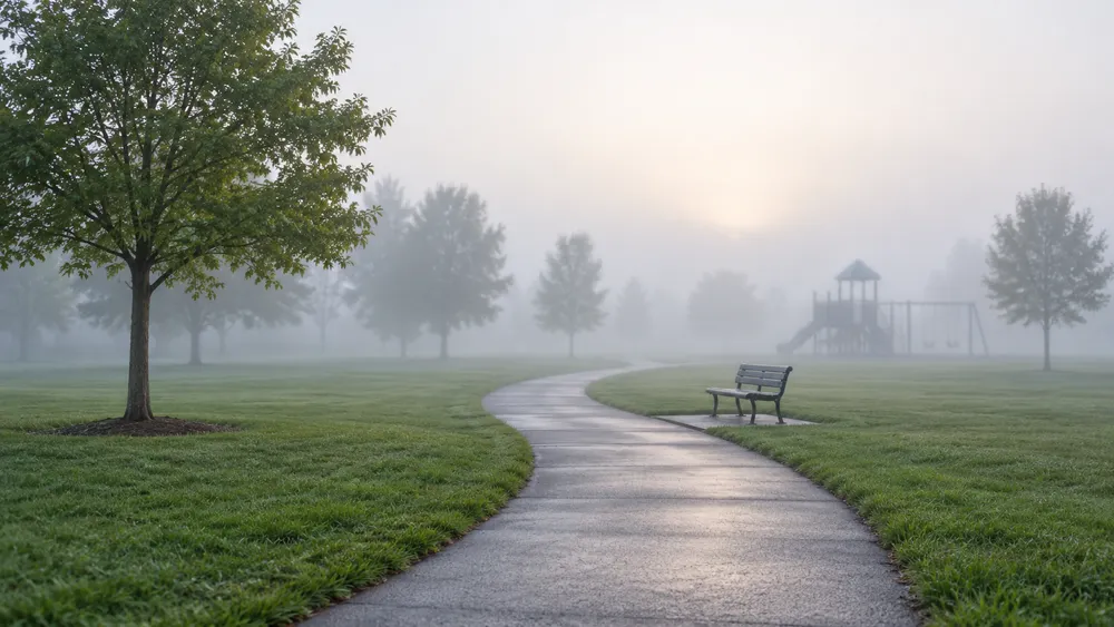 Illustrative view of a quiet municipal park path and distant playground in morning fog.