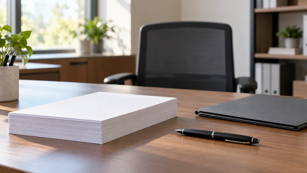 AI-generated illustrative view of blank paperwork and a pen on a quiet office desk; not an actual Alabama voter-registration form or polling location.