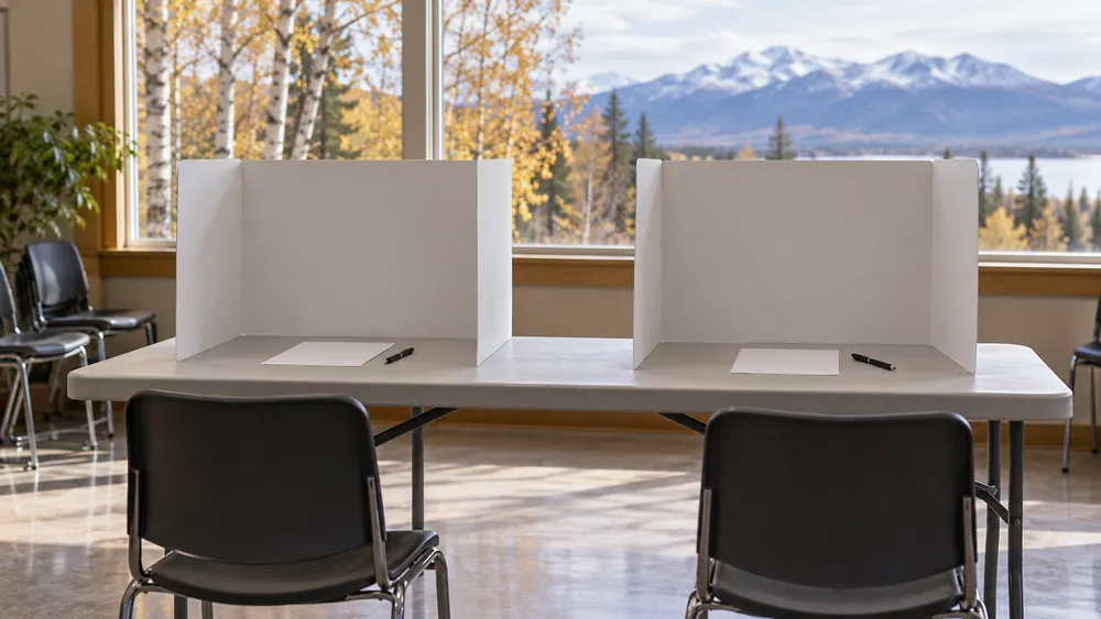 AI-generated editorial illustration of empty privacy screens in a generic community room with birch trees outside; not an actual Alaska polling site or voting event.