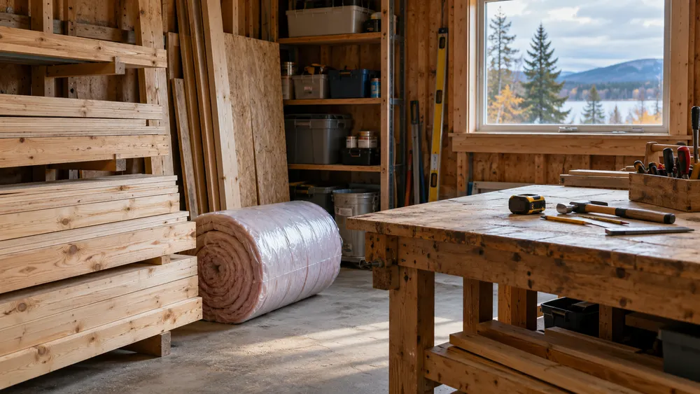 AI-generated illustrative view of lumber and insulation in a modest repair workshop; not a photograph of a Halong-damaged home or an Alaska recovery site.