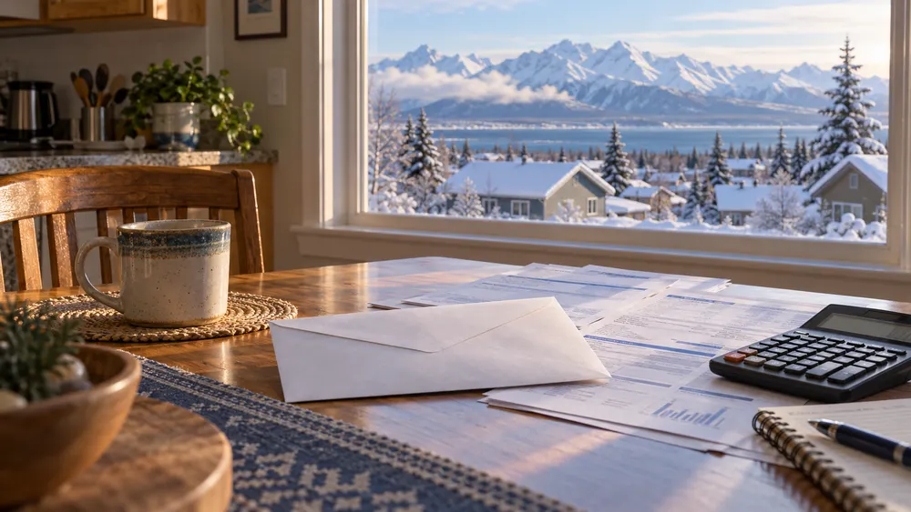 Illustrative Alaska household table with an envelope and winter utility paperwork beside a snowy window