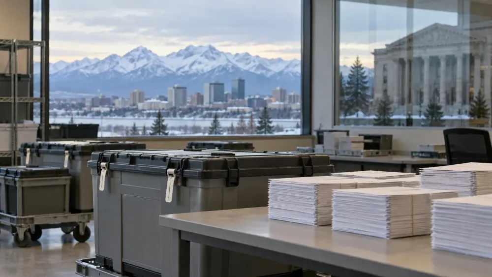 Conceptual Alaska election office with sealed ballot cases and blank envelopes against a snowy Anchorage skyline.