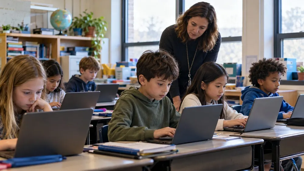 Elementary students use classroom laptops while a teacher observes in a generic public-school setting.