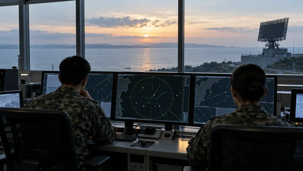 Military radar operators monitor unlabelled tracking displays in a coastal operations room overlooking the sea at dawn.