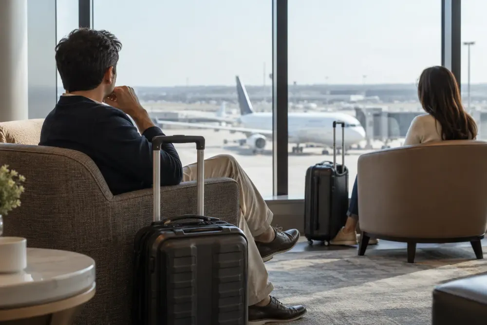 AI-generated illustrative scene of two travelers with carry-on luggage in a generic airport lounge.