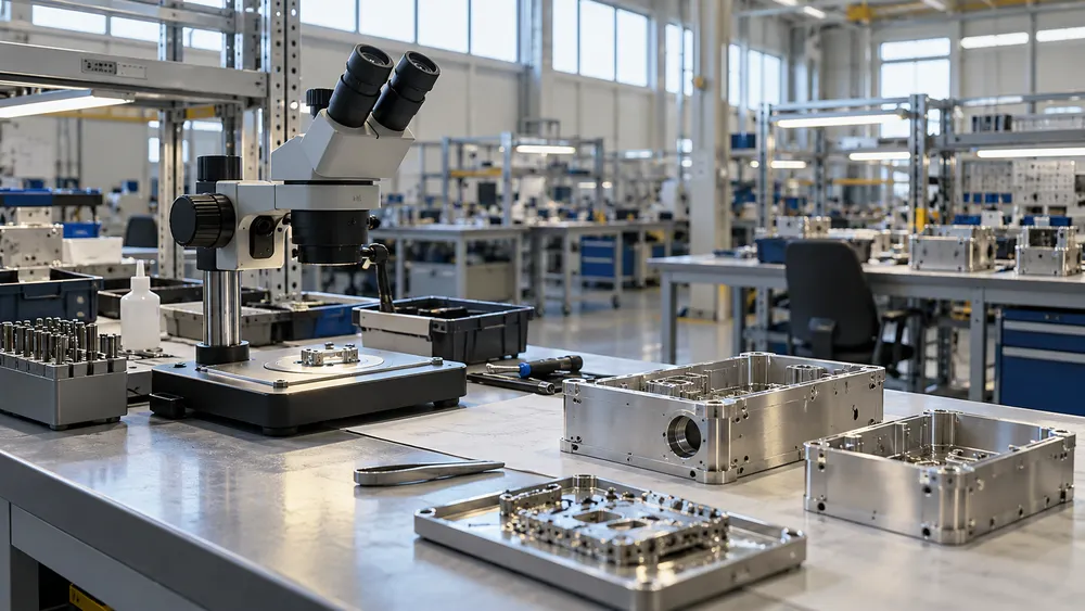 AI-generated illustrative precision-electronics inspection workbench; not a photograph of a BAE Systems facility.