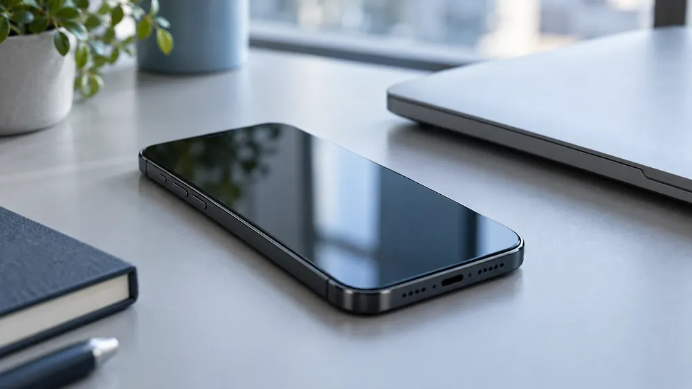 AI-generated illustration of an unbranded smartphone with an inactive screen beside a closed laptop on a desk.