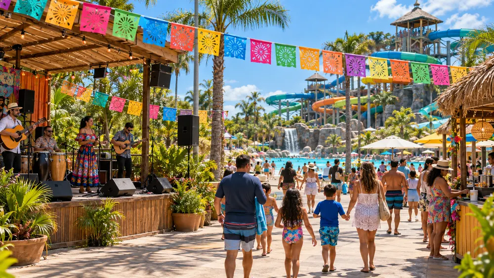 Families walk through a generic Florida water park during a colorful cultural celebration.