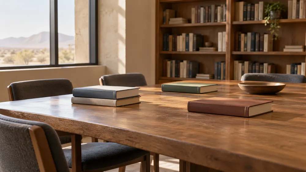 AI-generated illustrative view of an empty law-school seminar room with plain books and desks; not a photograph of GCU’s planned College of Law.