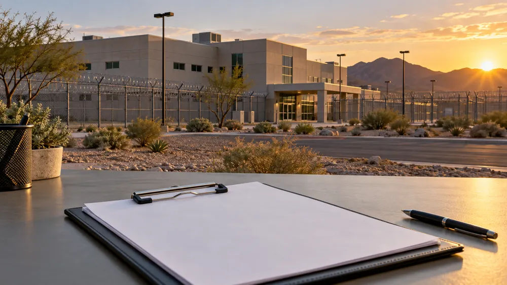 Illustrative secure institutional medical building in the Arizona desert