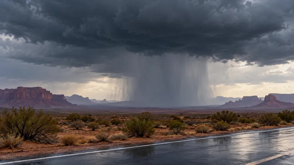 Illustrative severe thunderstorm with hail and heavy rain over a generic central Arizona desert-city edge
