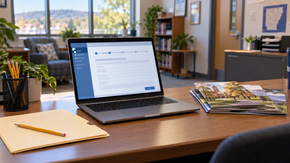 Illustrative college-application workspace in an Arkansas high school counseling office.