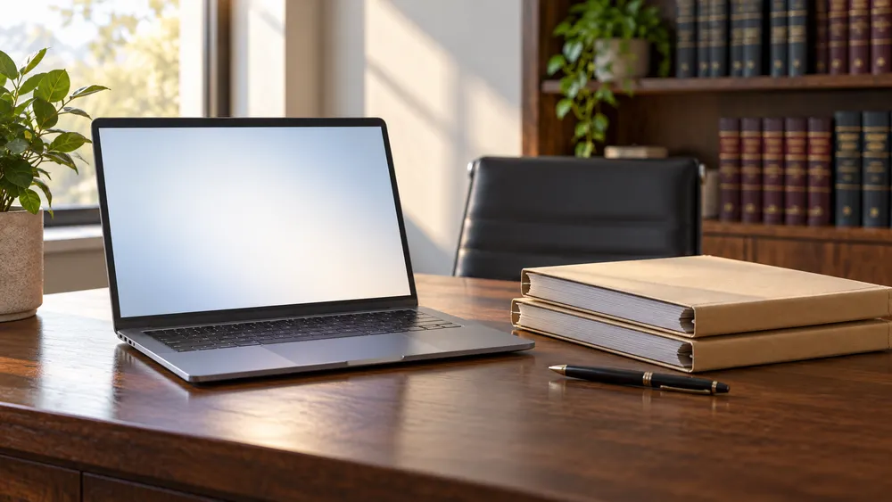 AI-generated editorial illustration of an unbranded laptop and closed legal folders on a desk; not a photograph of the Arkansas litigation.