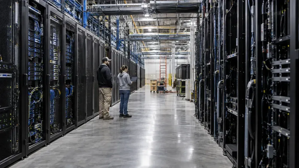 Two technicians inspect equipment in a large modern data-center server hall.