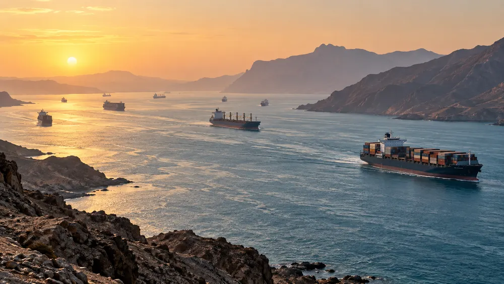 Illustrative view of commercial cargo vessels traveling through the Bab el-Mandeb maritime corridor at dawn.