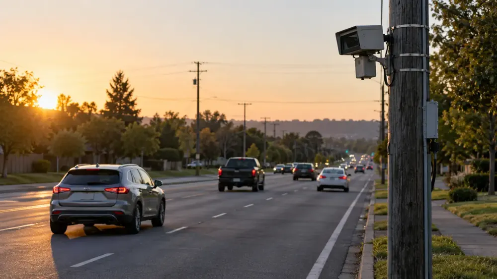 Roadside traffic-monitoring camera mounted above a suburban arterial road at sunrise