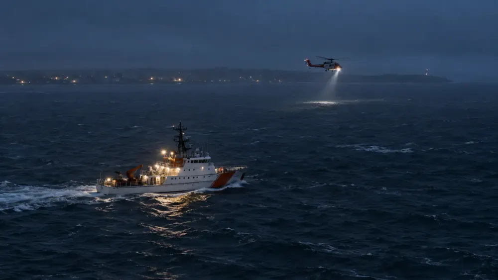 Illustrative predawn view of a search vessel and helicopter scanning dark ocean water near a distant coastline