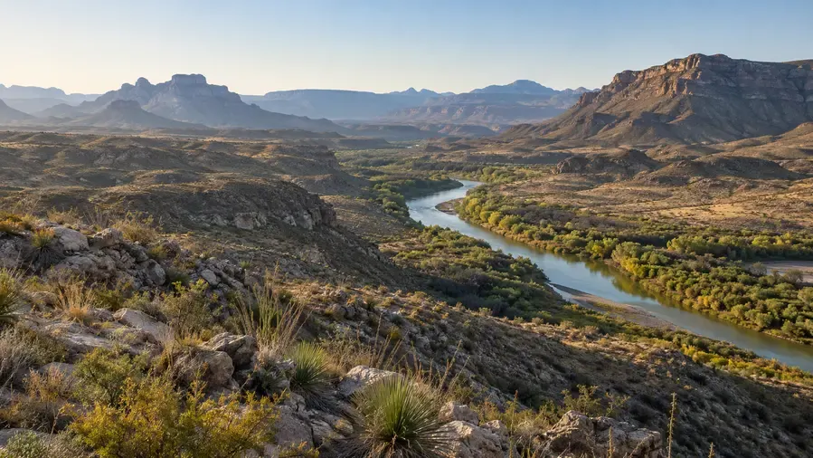 Wide view of the Rio Grande winding through rugged desert mountains in the Big Bend region of West Texas.