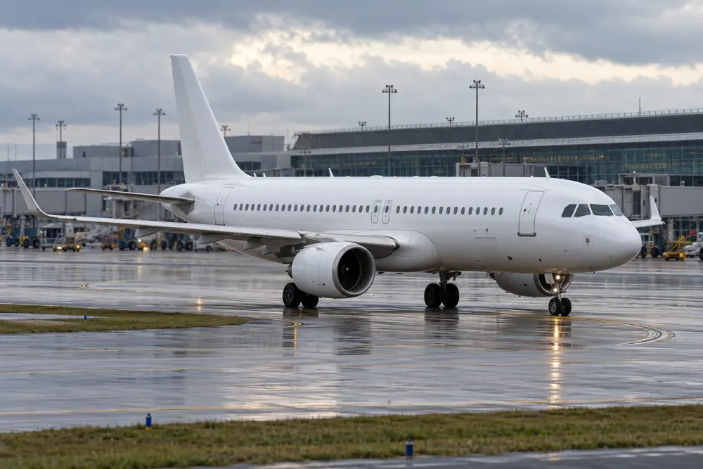 Illustrative view of an unbranded twin-engine passenger jet taxiing at a modern airport after rain.