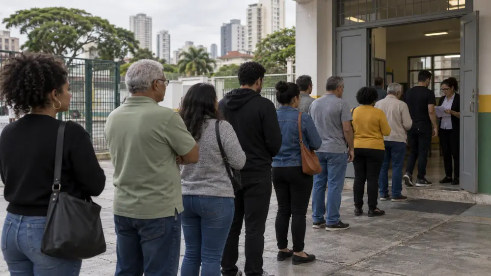 A diverse line of Brazilian voters waits outside a city polling place in a photorealistic editorial image.