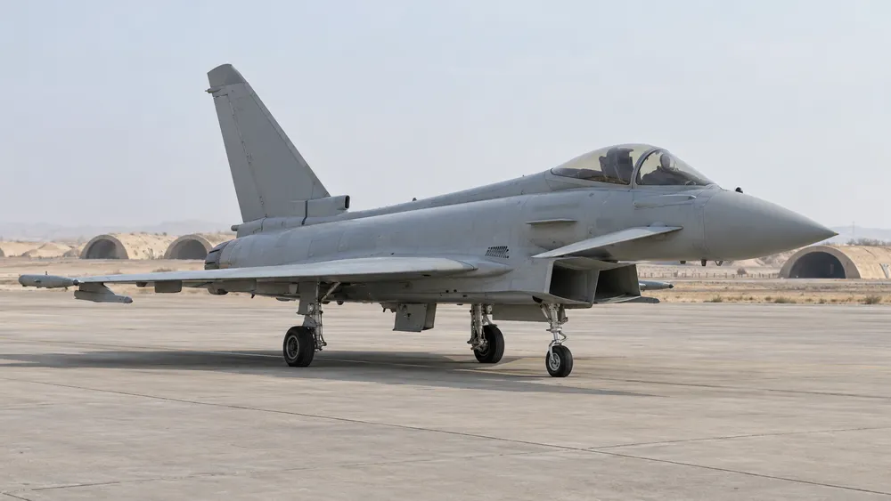 AI-generated illustration of an unmarked grey canard-delta fighter jet parked on an arid airfield; not a photograph of the announced RAF deployment.