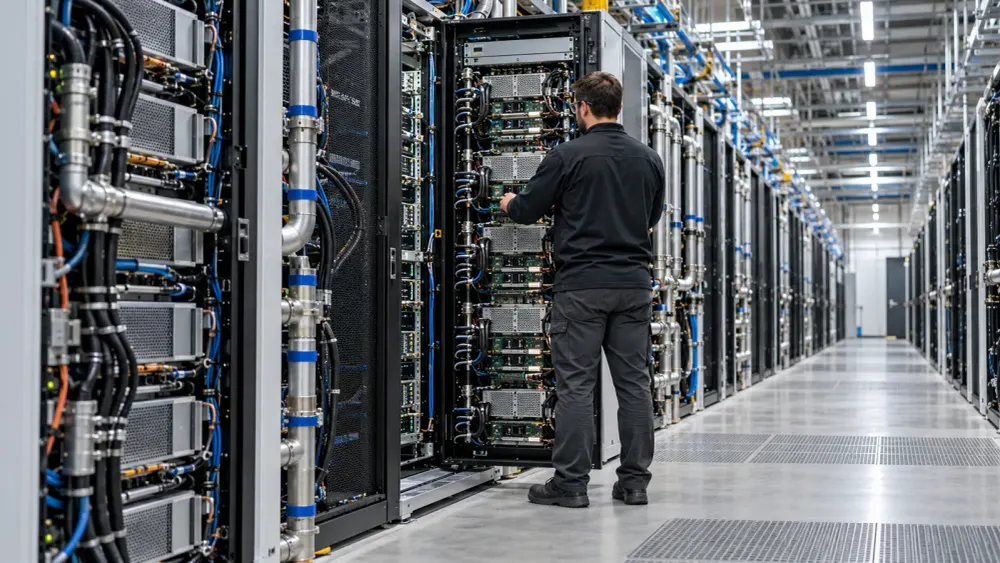 A technician inspects liquid-cooled computing hardware inside a large AI data center