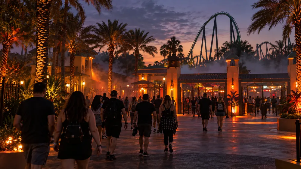 Adults enter a generic Florida thrill park prepared for a separate-ticket Halloween night.