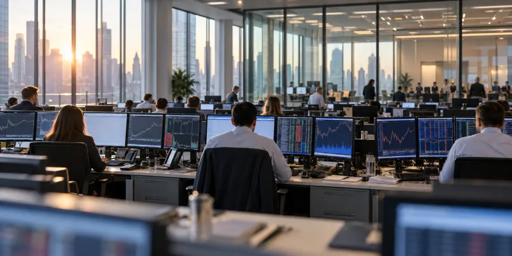 Anonymous financial professionals working at an unbranded institutional trading floor in early morning light