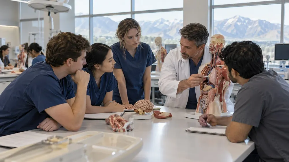 Medical students and a faculty member study anatomical models in a modern teaching laboratory, an AI-generated editorial image.