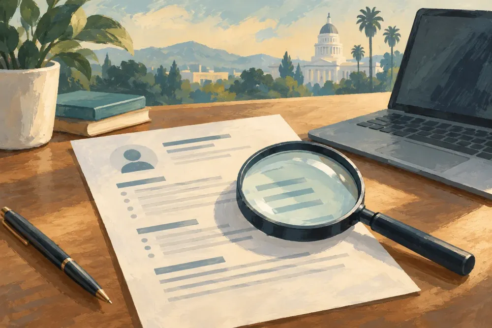AI-generated conceptual résumé, laptop and magnifying glass; not an actual CalCareers screen, applicant record or hiring result.