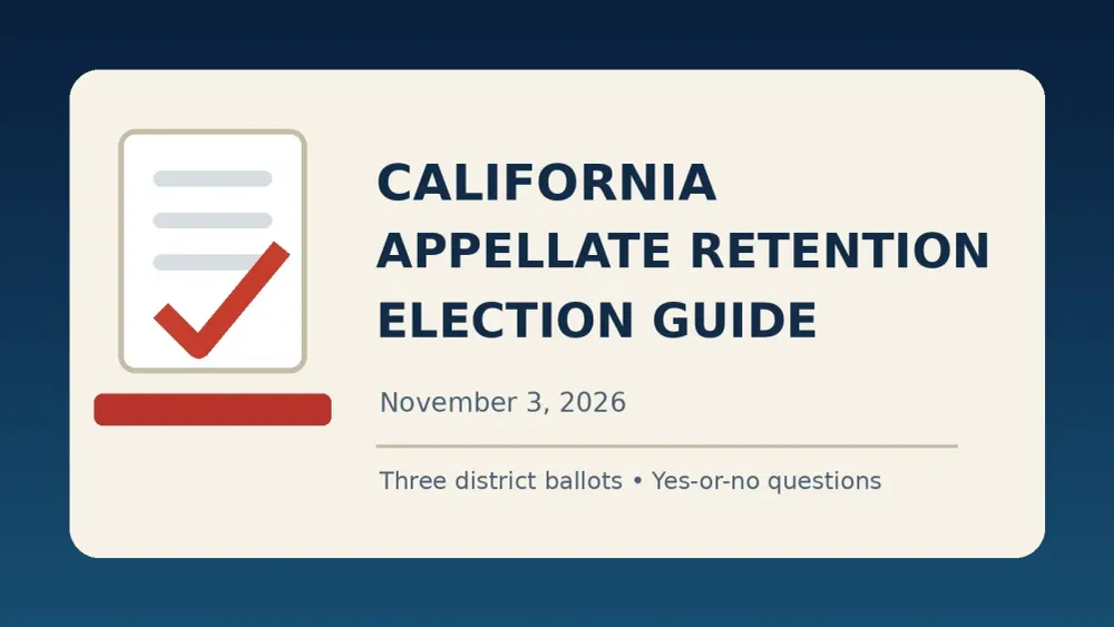 Graphic reading California Appellate Retention Election Guide, November 3, 2026, with a ballot checkmark