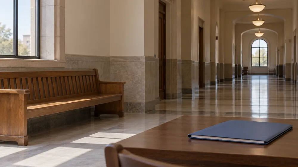 AI-generated editorial image of a quiet, generic courthouse corridor with an unmarked folder on a table.