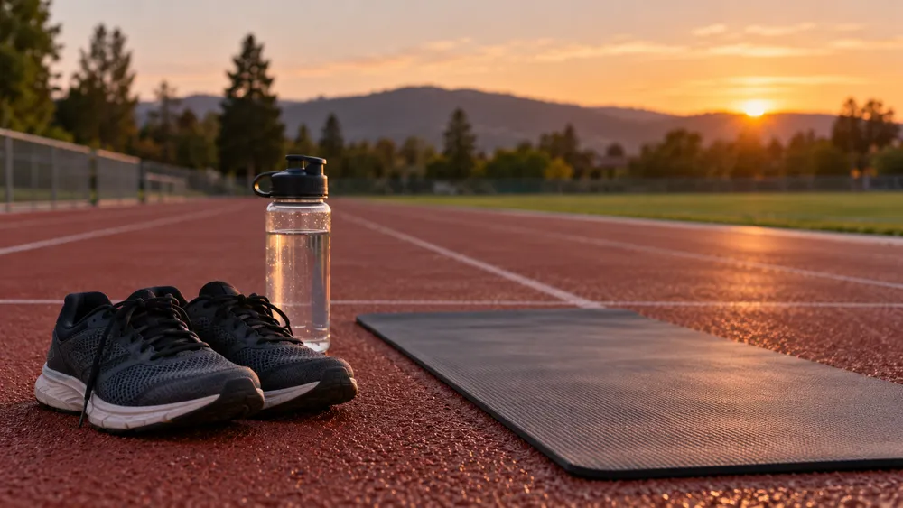 AI-generated illustration of unbranded running shoes, a water bottle and an exercise mat beside a generic running track; not the San Jose CHP office or event.