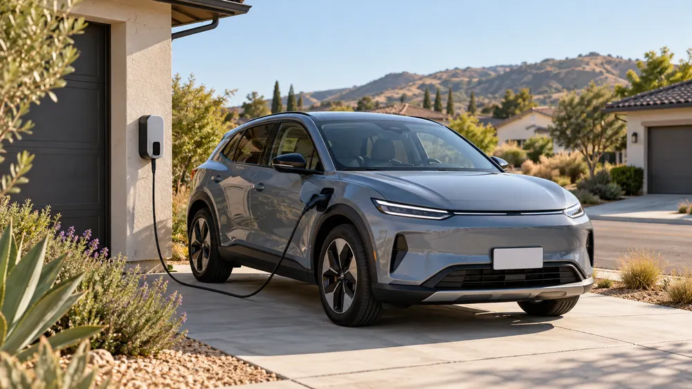 AI-generated illustration of an unbranded electric car connected to a charger in a generic California residential driveway; not a photograph of a rebate recipient.