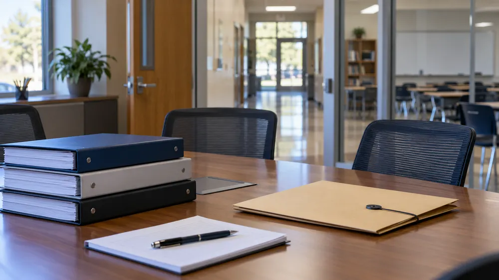 Illustrative California school administration room prepared for a discipline and privacy policy review.