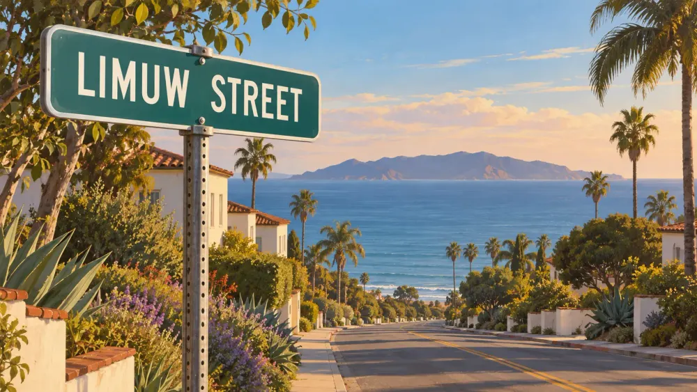 Conceptual illustration of a Limuw Street sign on a generic Santa Barbara coastal street overlooking the ocean; not a photograph of the actual corridor.