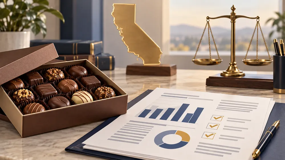 AI-generated conceptual illustration of chocolates beside a California workforce pay-data report and legal scales.