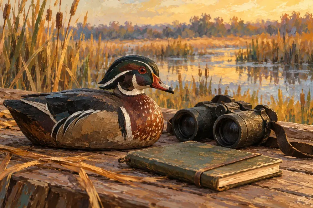 AI-generated conceptual illustration of a duck decoy, binoculars and a notebook beside an abstract marsh; not a specific hunting area.