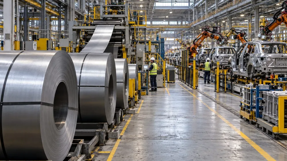 Illustrative view of steel coils and unfinished vehicle bodies inside a modern Ontario manufacturing plant
