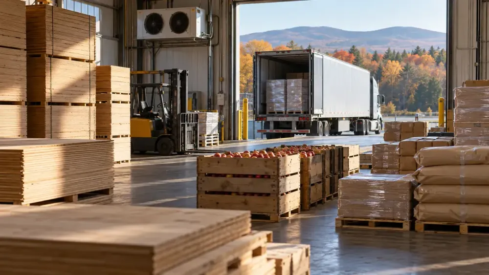 Plywood sheets, wooden crates and refrigerated freight staged in a cross-border warehouse