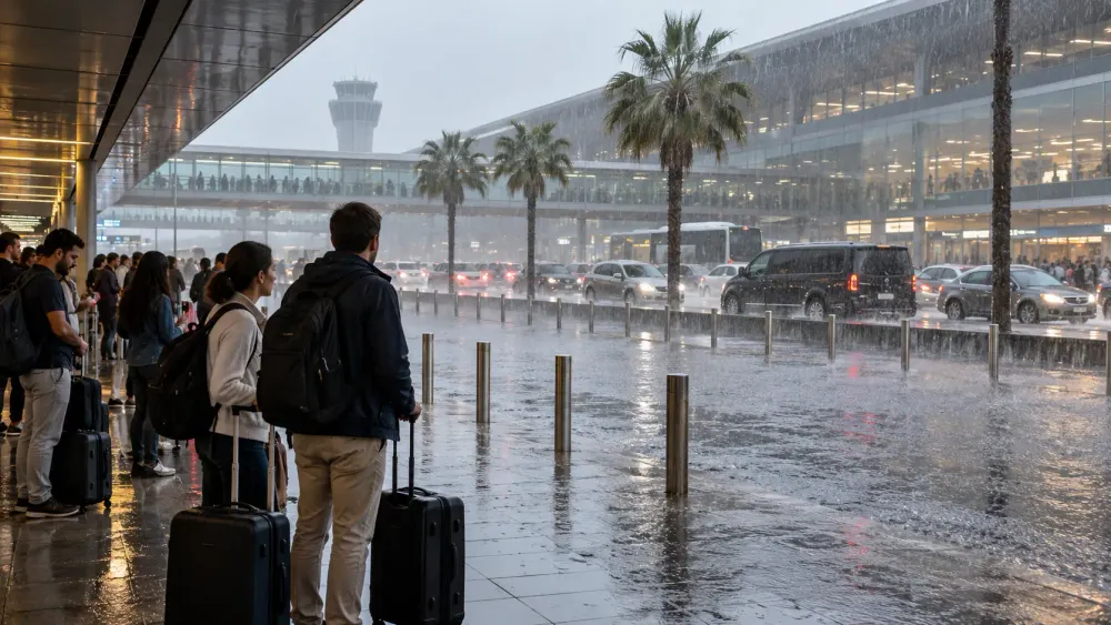 Travelers with luggage shelter from heavy rain outside an airport terminal.