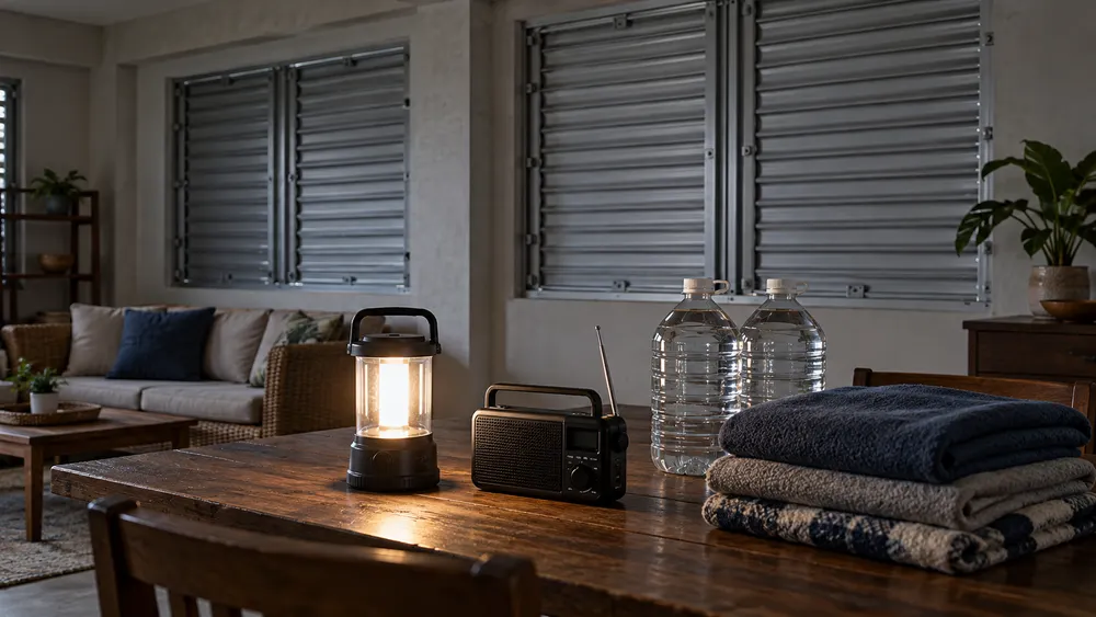 AI-generated illustration of a lantern, radio, water and blankets inside a concrete home with closed storm shutters; not a photograph of Typhoon Champi.