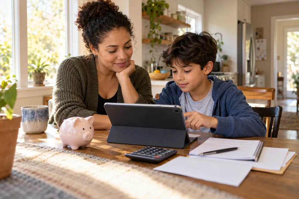 Sinusuri ng isang magulang at anak ang isang generic na long-term savings account sa isang tablet sa kanilang mesa sa kusina.