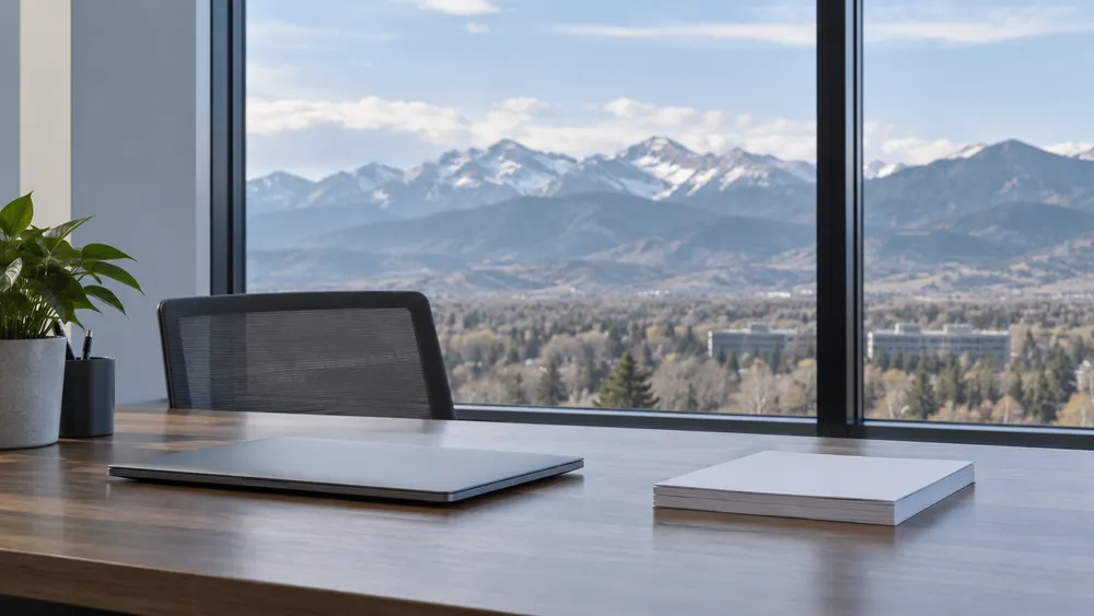 AI-generated editorial image of an unbranded office desk overlooking distant Colorado foothills.