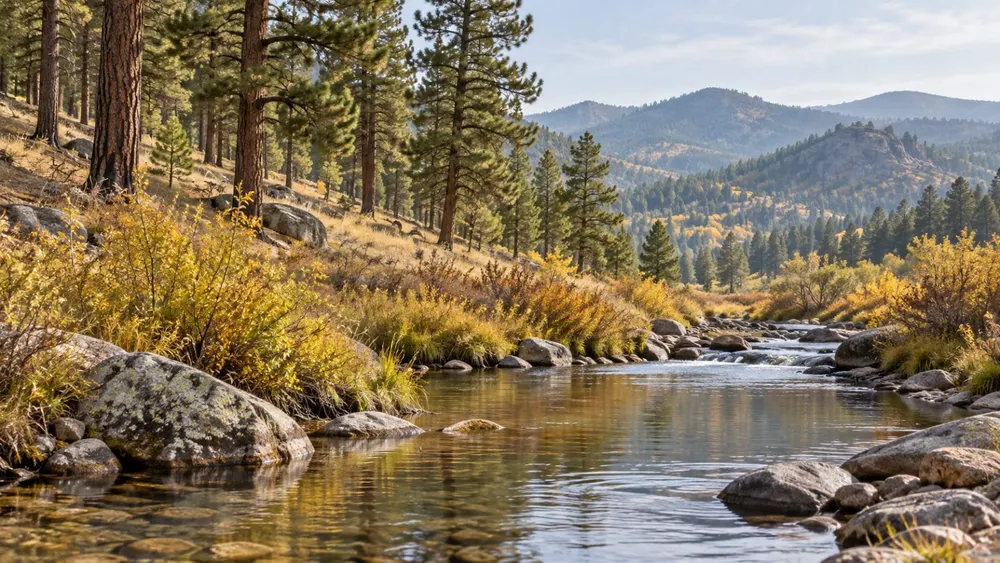 AI-generated editorial illustration of a generic Colorado foothill forest and watershed; not a photograph of a funded project or an active wildfire.