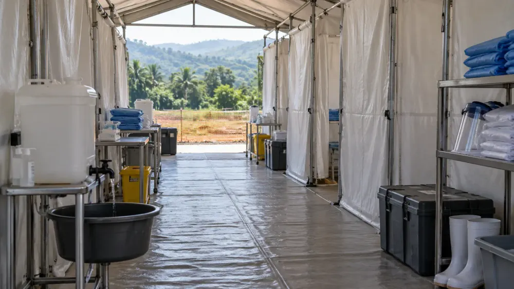 AI-generated editorial view of an empty temporary field-treatment corridor prepared with handwashing and protective supplies.