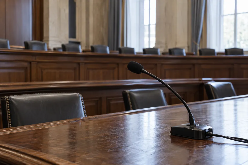 AI-generated conceptual image of a microphone in an empty congressional-style hearing room; not a photograph of an actual hearing.