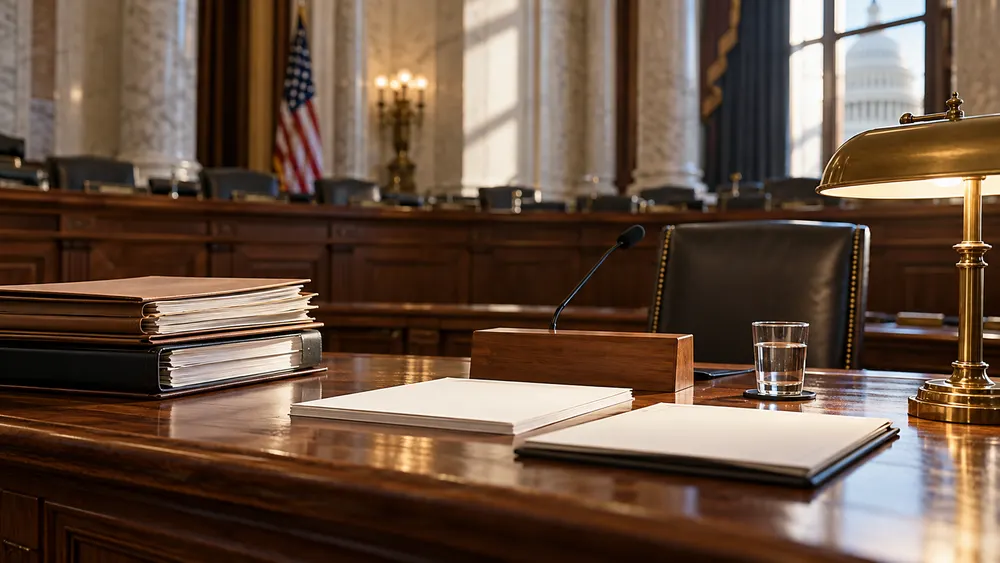 Empty congressional hearing room with legal files arranged at a witness table