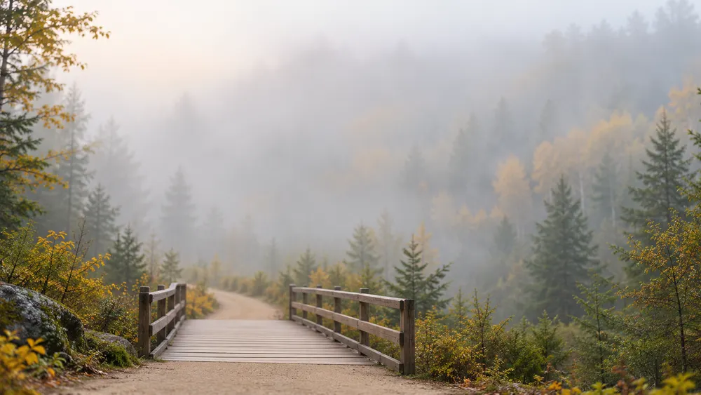 A generic improved accessible trail and wooden bridge in a misty New England forest during early autumn.