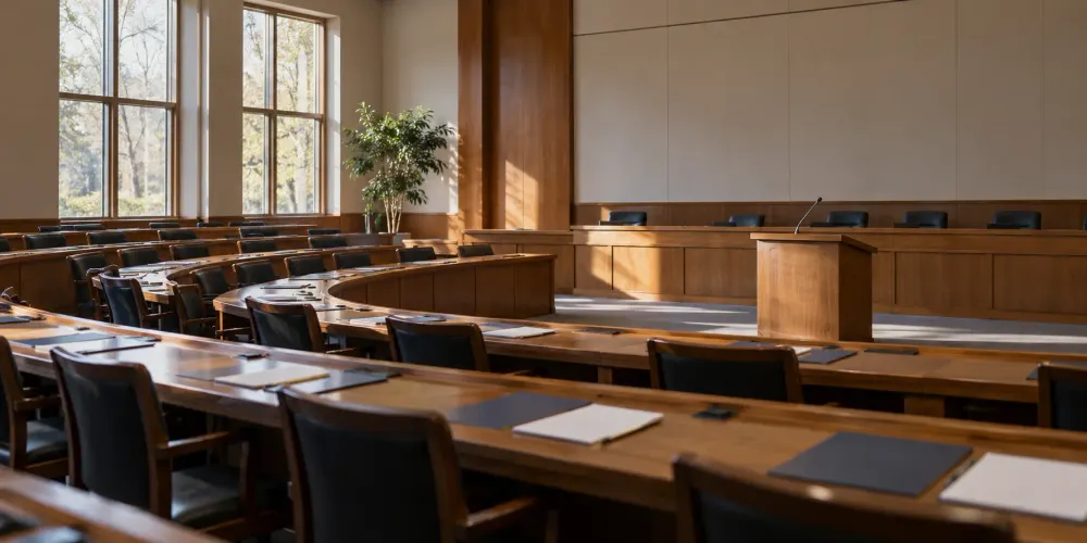Empty university faculty senate chamber arranged for a formal governance debate
